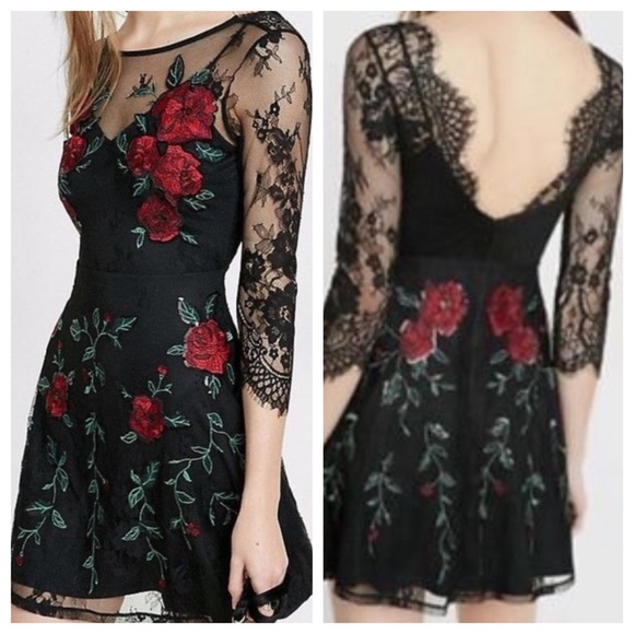 Express Dresses & Skirts - Beautiful express black lace red roses open back dress. XS